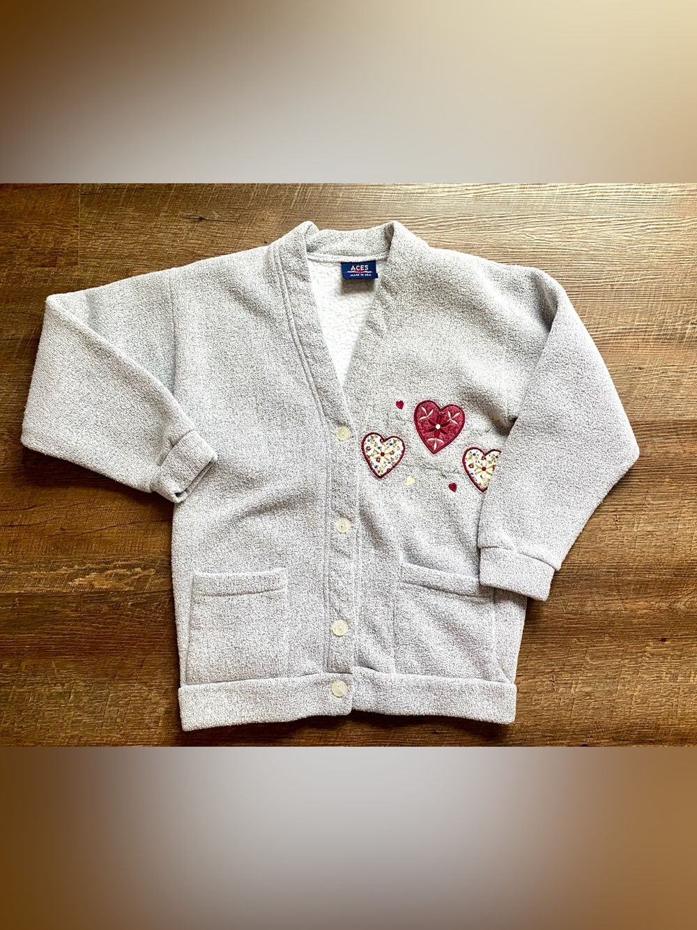 Vintage 90s ACES fleece cardigan sweatshirt embroidered hearts cottage granny M - Picture 2 of 12